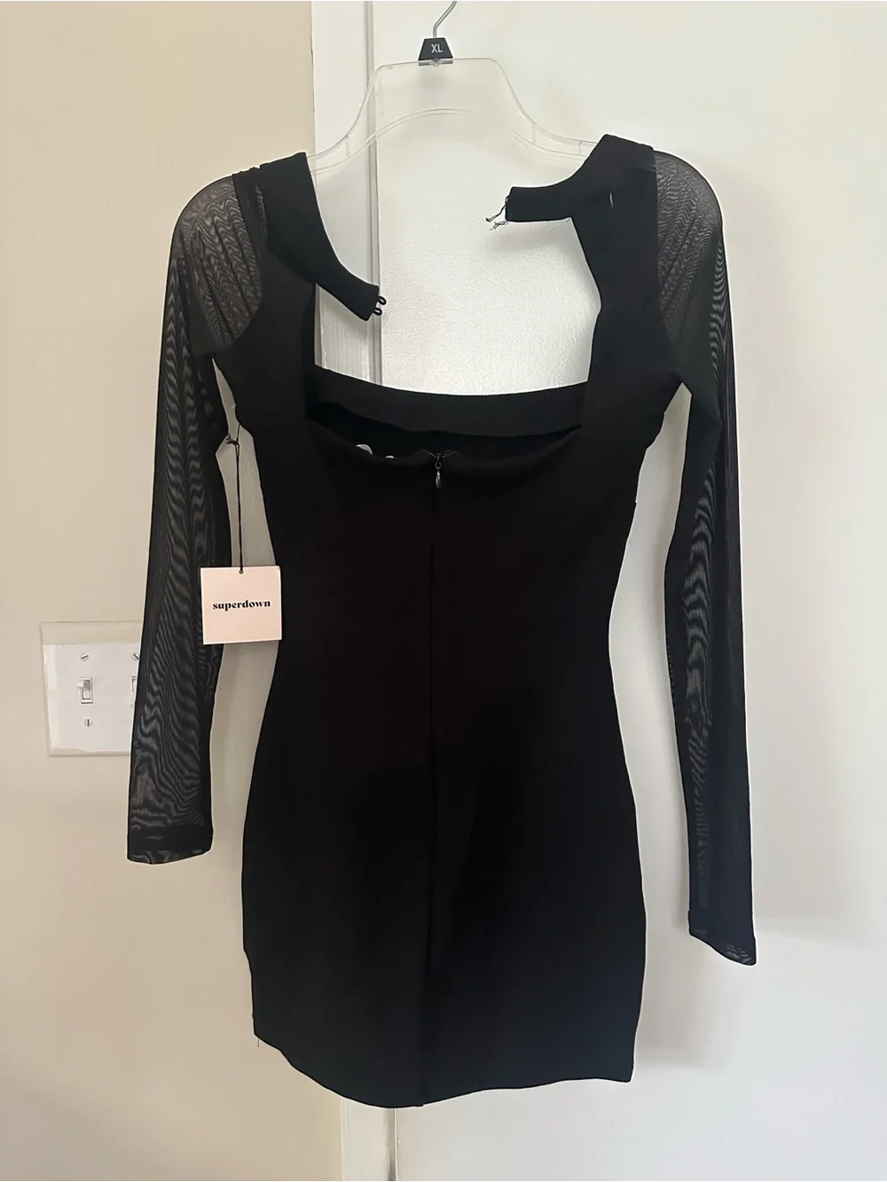 NWT Superdown Black Square-Neck Mini Dress with Sheer Long Sleeves